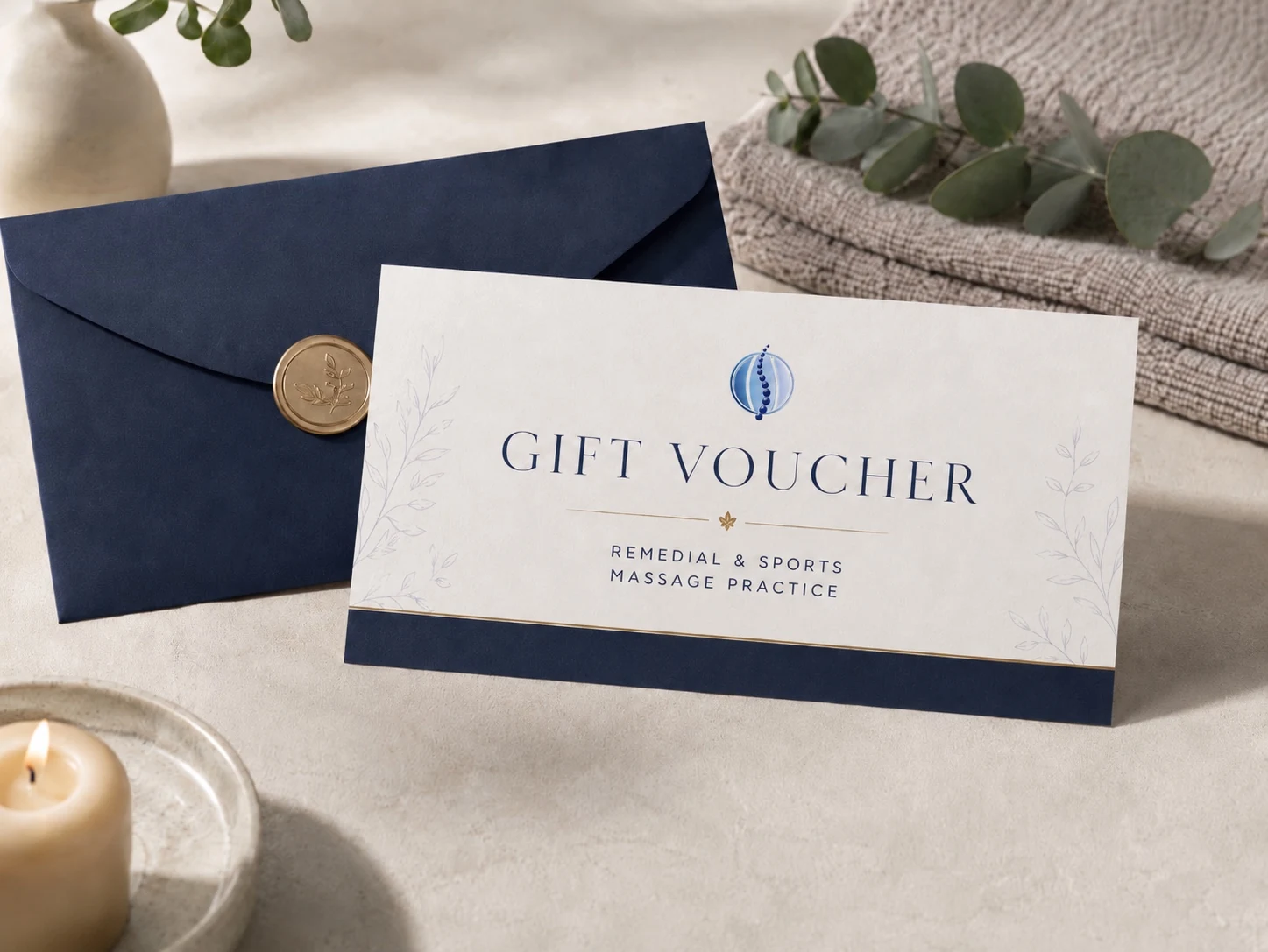 Remedial and Sports Massage Practice gift voucher card with navy envelope in a calm spa setting