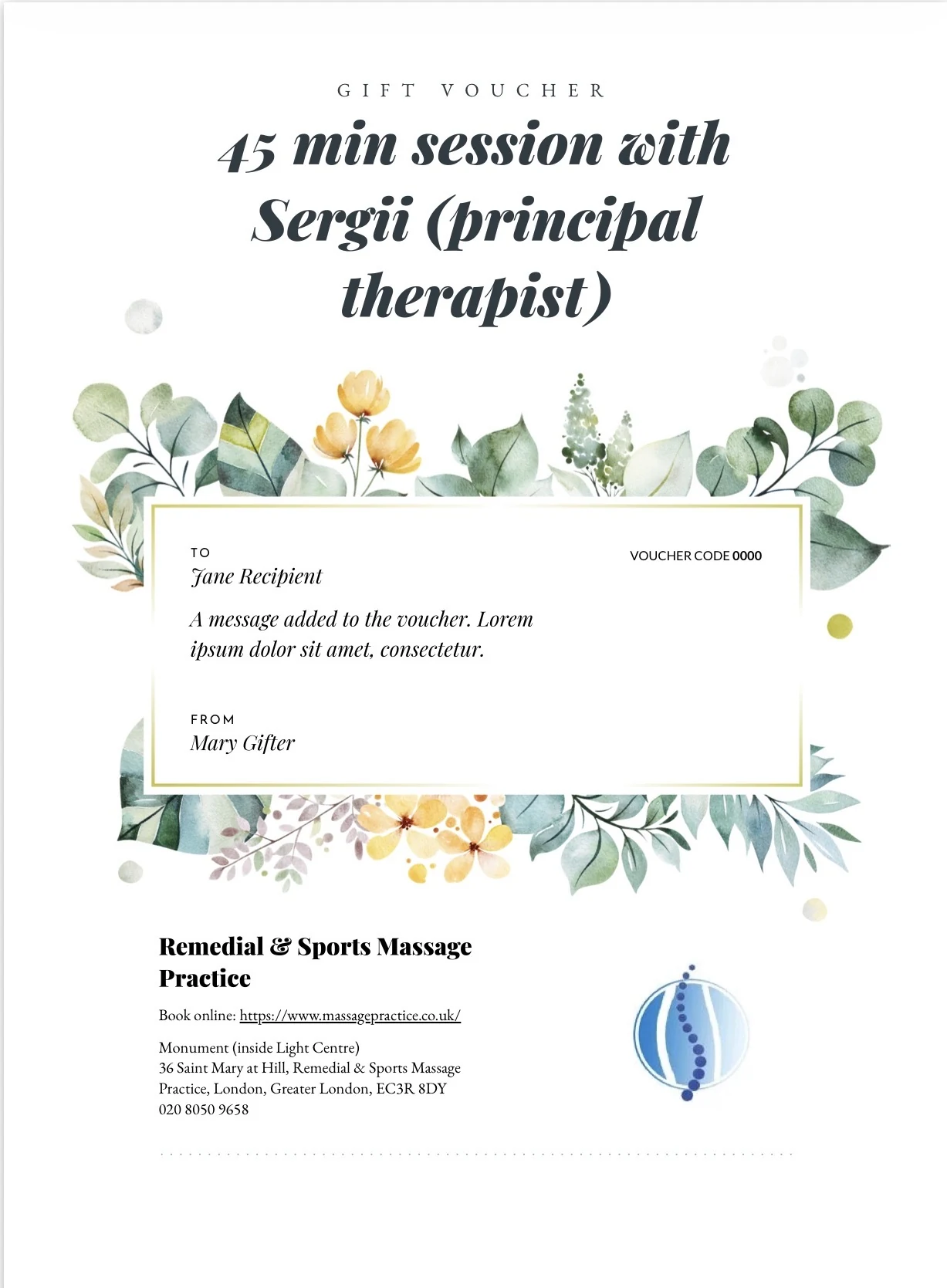 Personalised massage gift voucher example