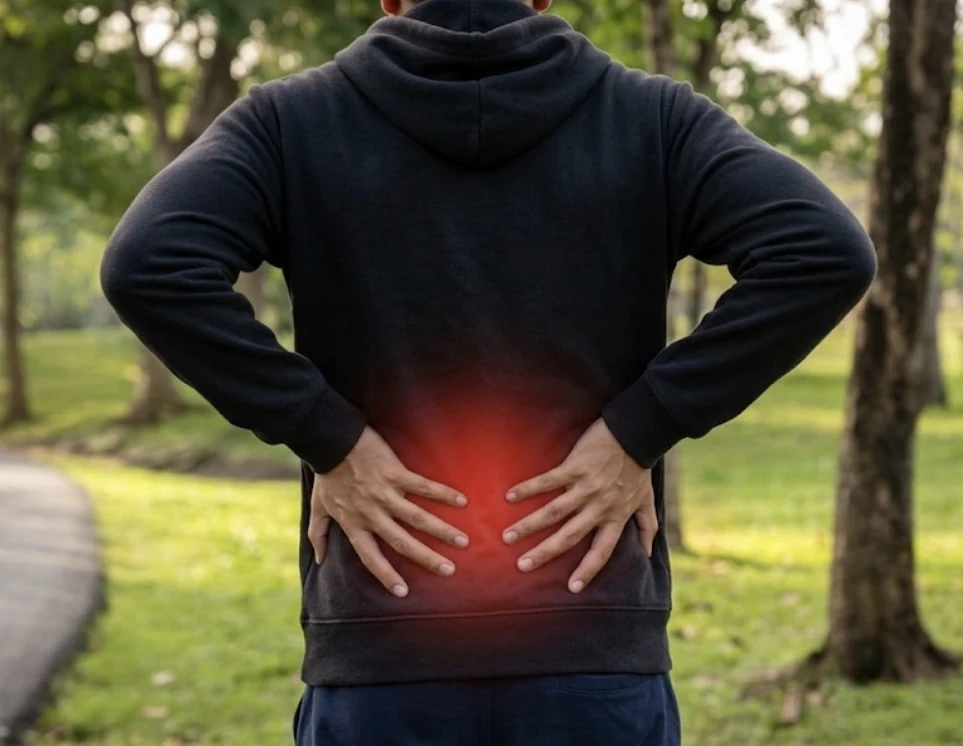Person standing outdoors with hands on the lower back, highlighting lower-back pain
