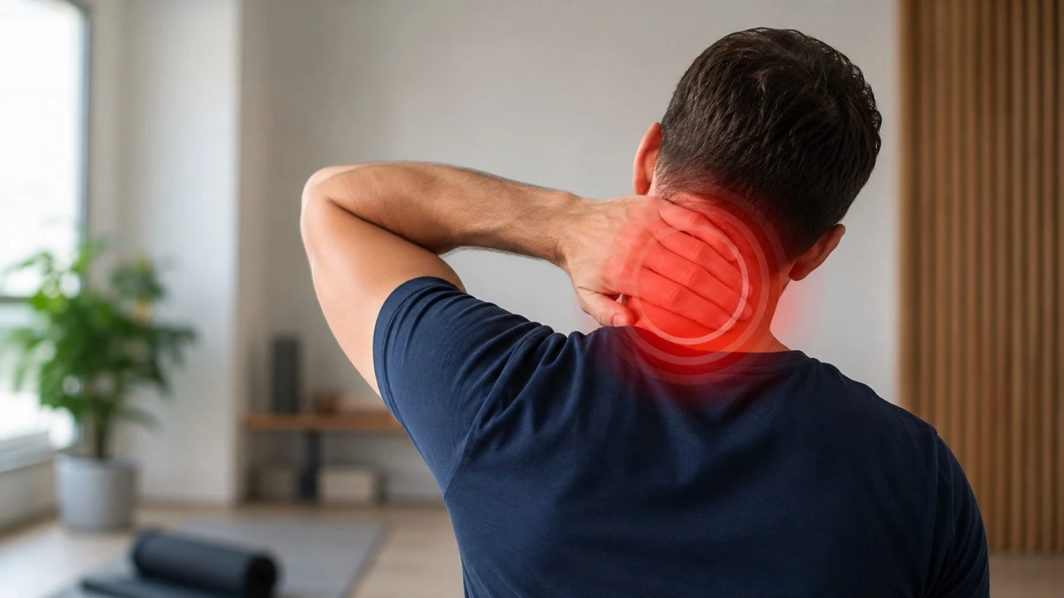 Person holding the back of the neck with a highlighted painful area