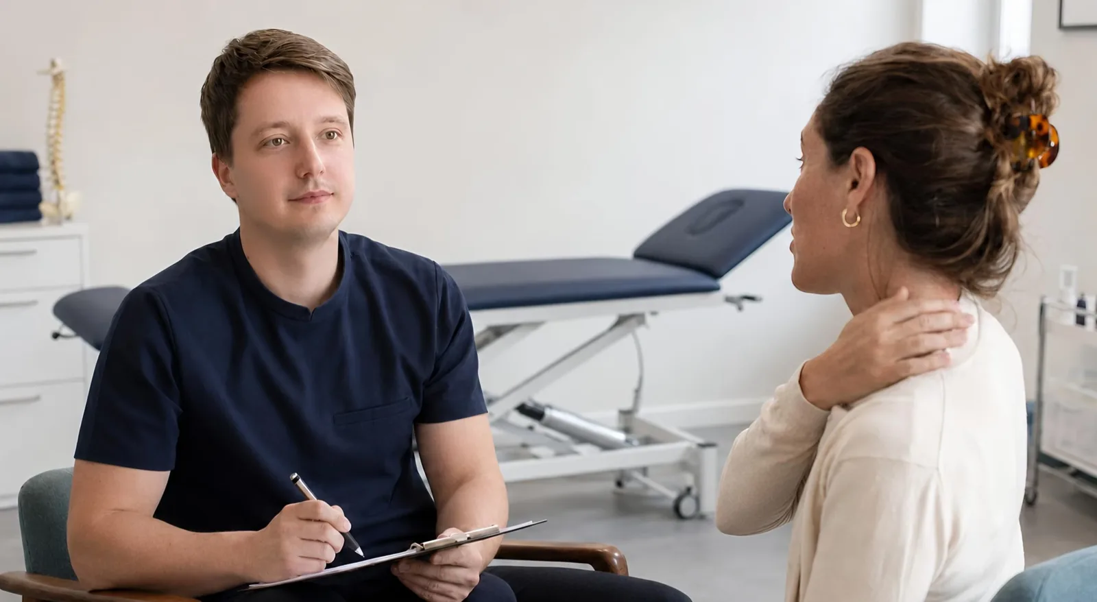 Therapist assessing a seated client who is touching the neck and shoulder area